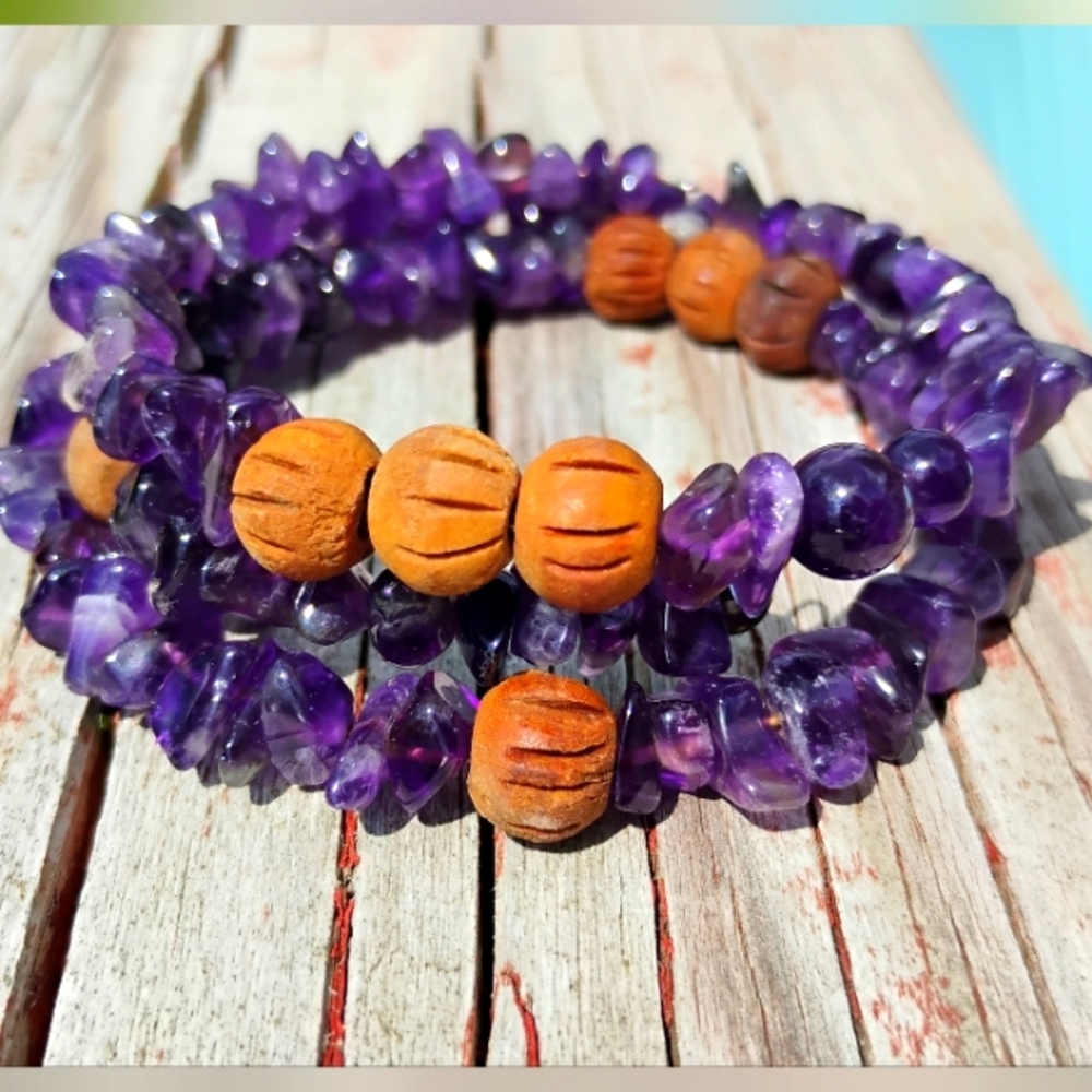 Vintage Natural Amethyst Bracelet Double Stranded Wood Beads Artisan Made